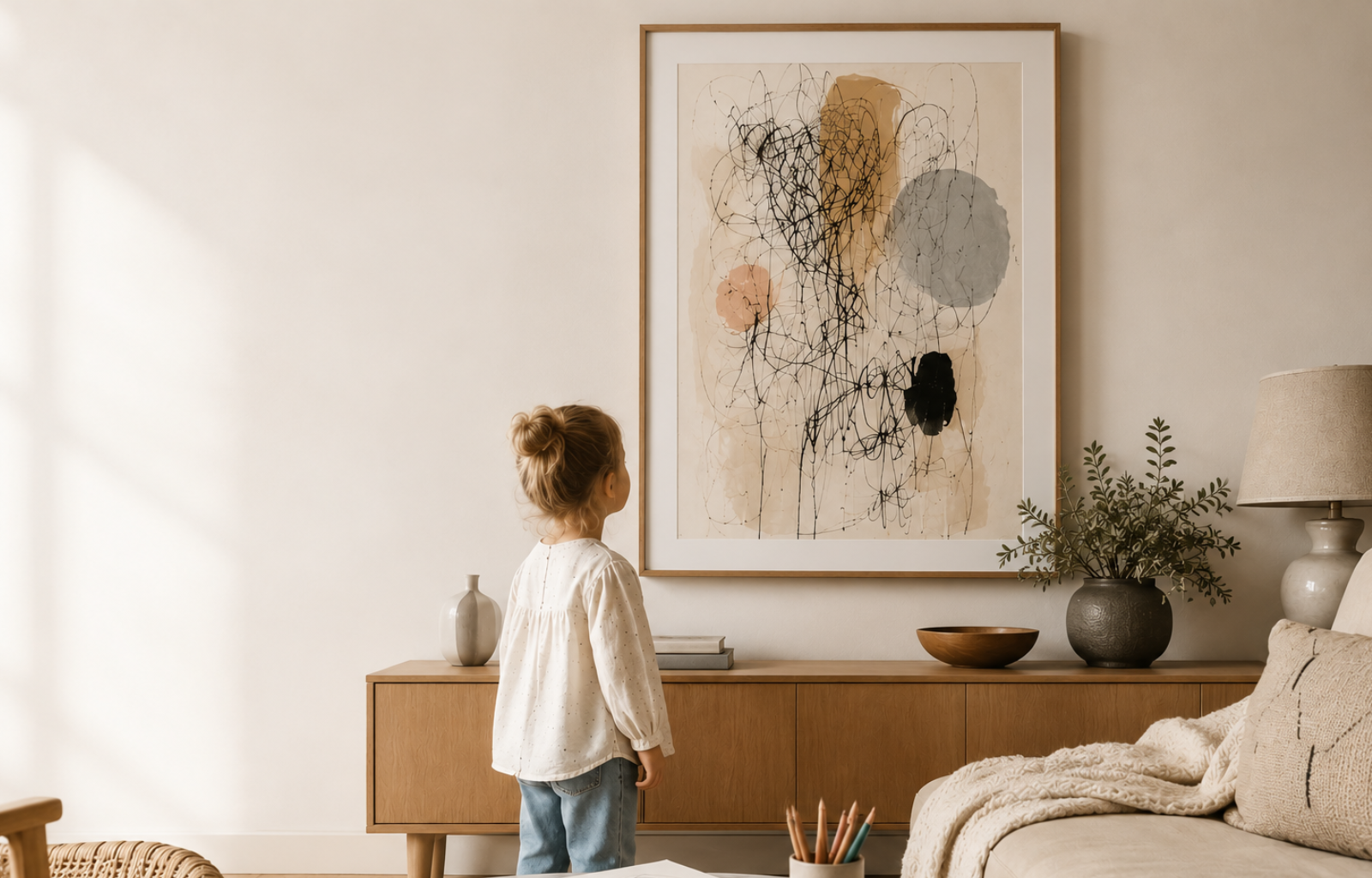 A child admiring a framed abstract artwork in a warm Scandinavian living room
